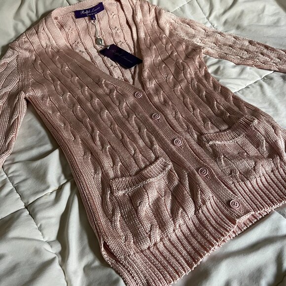 Ralph Lauren Purple Label Pink Cable-Knit 100% Silk Cardigan Sweater (NWT) - Picture 2 of 11